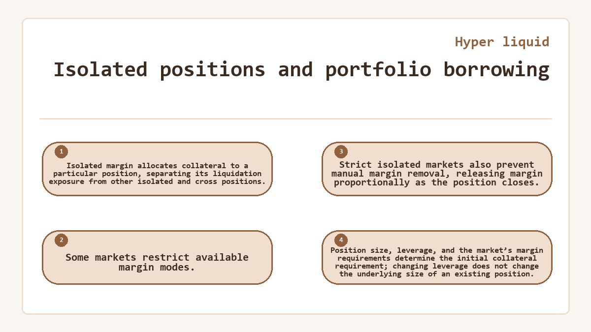 Isolated positions and portfolio borrowing: Isolated margin allocates collateral to a particular position, separating its liquidation exposure from other isolated and cross positions.; Some markets restrict available margin modes.; Strict isolated markets also prevent manual margin removal, releasing margin proportionally as the position closes.; Position size, leverage, and the market’s margin requirements determine the initial collateral requirement; changing leverage does not change the underlying size of an existing position.